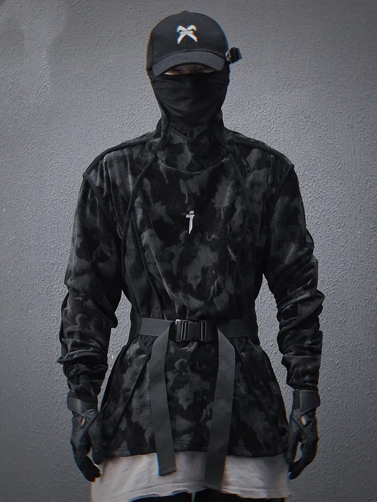 Man modelling a black and grey tie dye print loose fit pullover sweater with drop shoulders.
