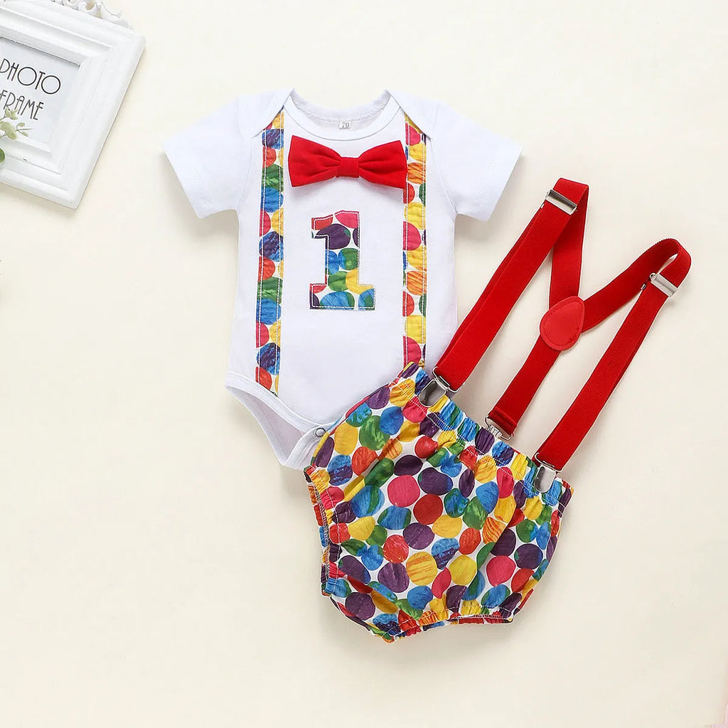 Baby in a soft cotton dinosaur print romper with shorts, showing the pullover design and clean finish.
