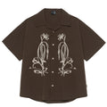 Brown striped polyester Cuban collar short sleeve shirt for outdoor camping