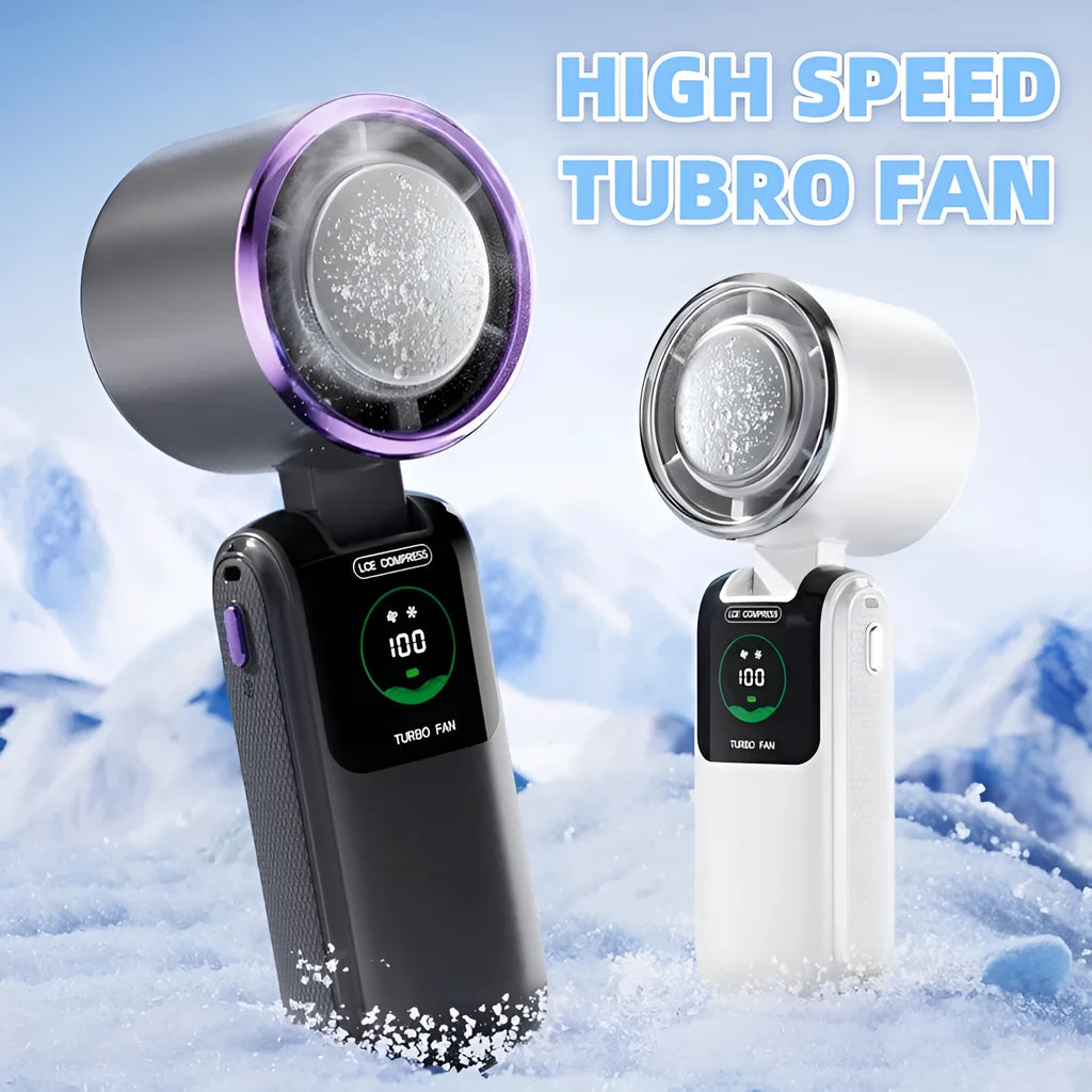USB handheld electric fan in folded position showing adjustable speed controls and hanging loop