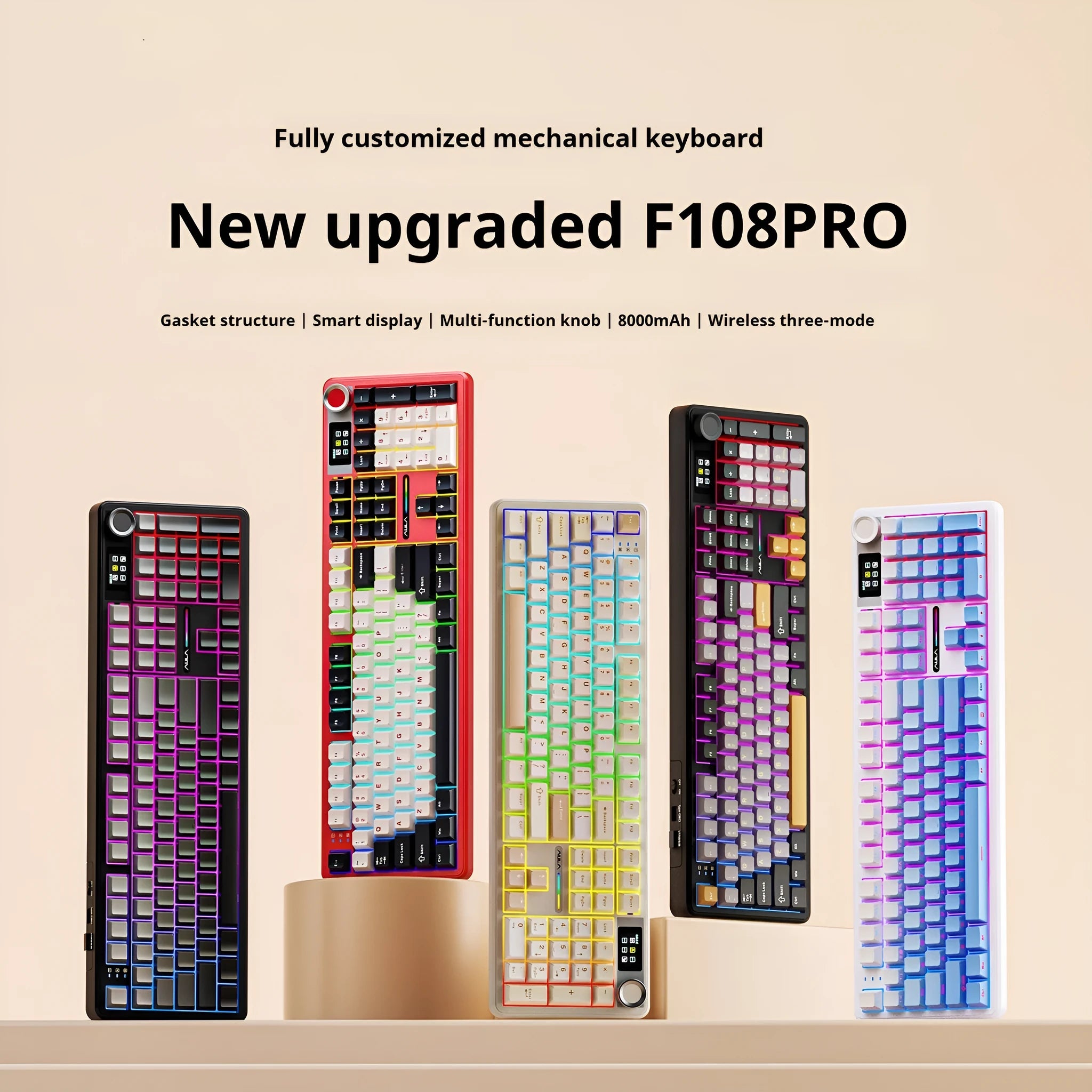 Tarantula F108pro wireless mechanical keyboard in multiple colours on a desk