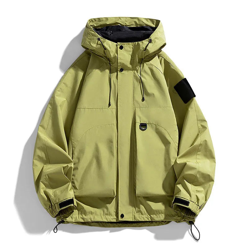Men's black waterproof hooded coat on a hanger, showing regular length and long sleeves.