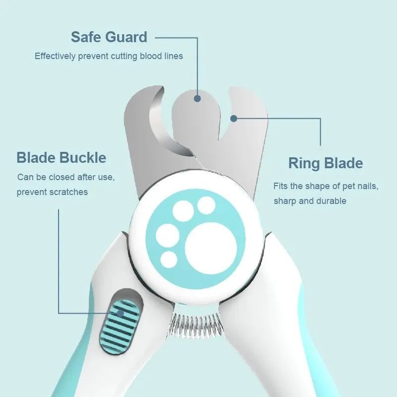 Blue and white pet nail clippers with ergonomic handles and a safety lock, shown with a nail file.