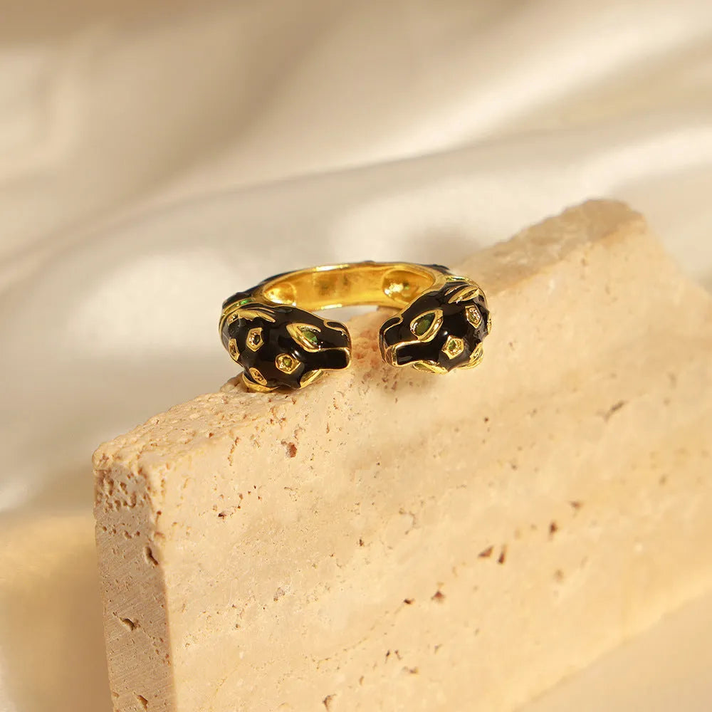 Women's black cheetah print geometric open ring with oil drip effect, size UK 7.