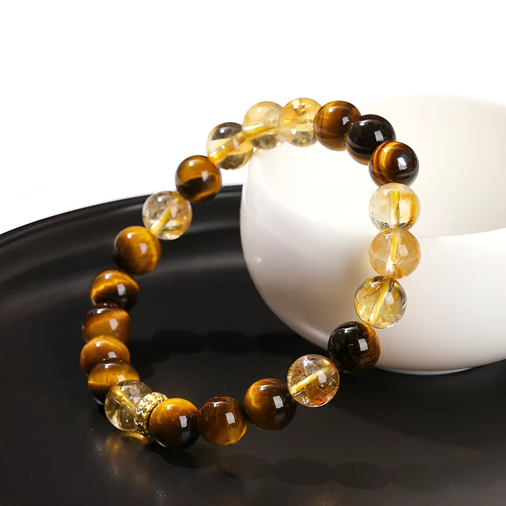 Natural yellow tiger eye stone bracelet with mixed yellow tower crystal beads in 8mm geometric round design