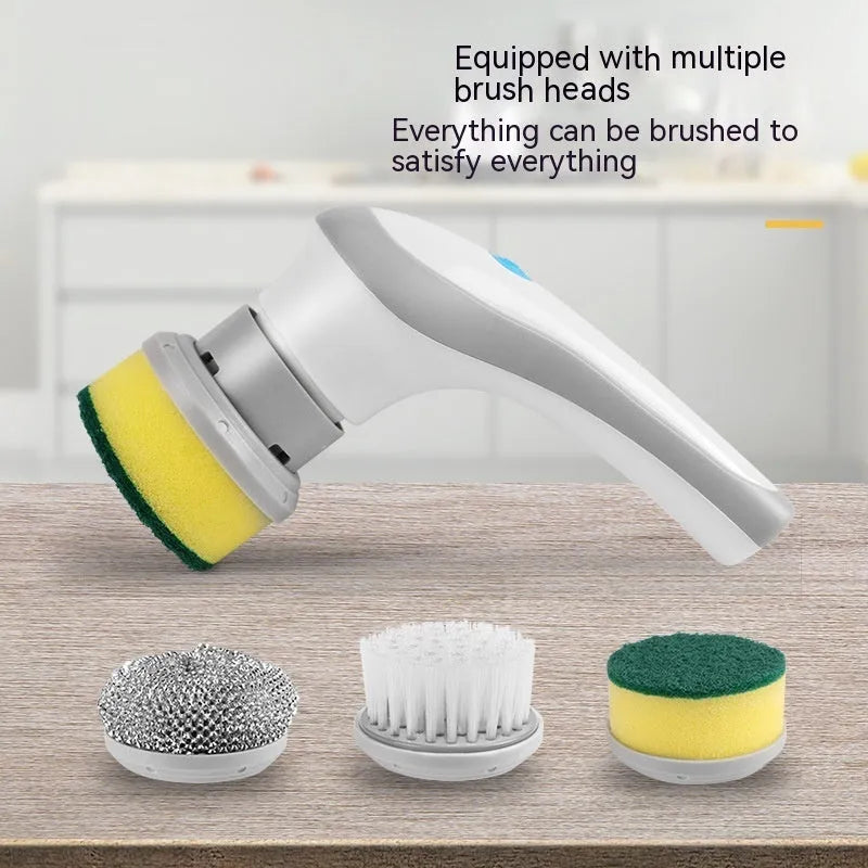 Cordless electric cleaning brush with rotating scrubber head and multiple brush attachments