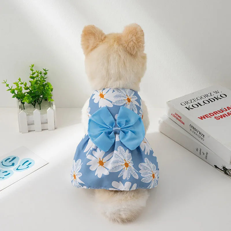 Lightweight floral butterfly princess dress for dog or cat with a decorative bow on the chest.