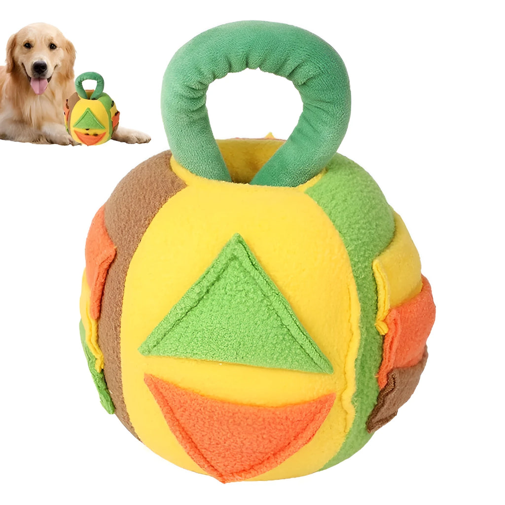 Green and pink plush squeaky ball dog toy with treat pockets measuring 12x12x18 cm