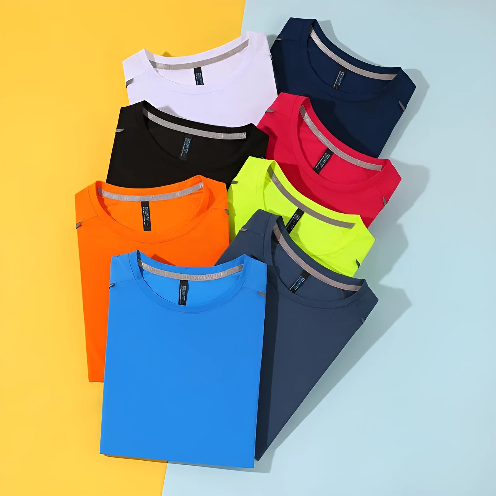 Round neck quick-dry sports t-shirt in ice silk fabric on a size chart showing colours black, white, gray, blue, green, orange, and red.