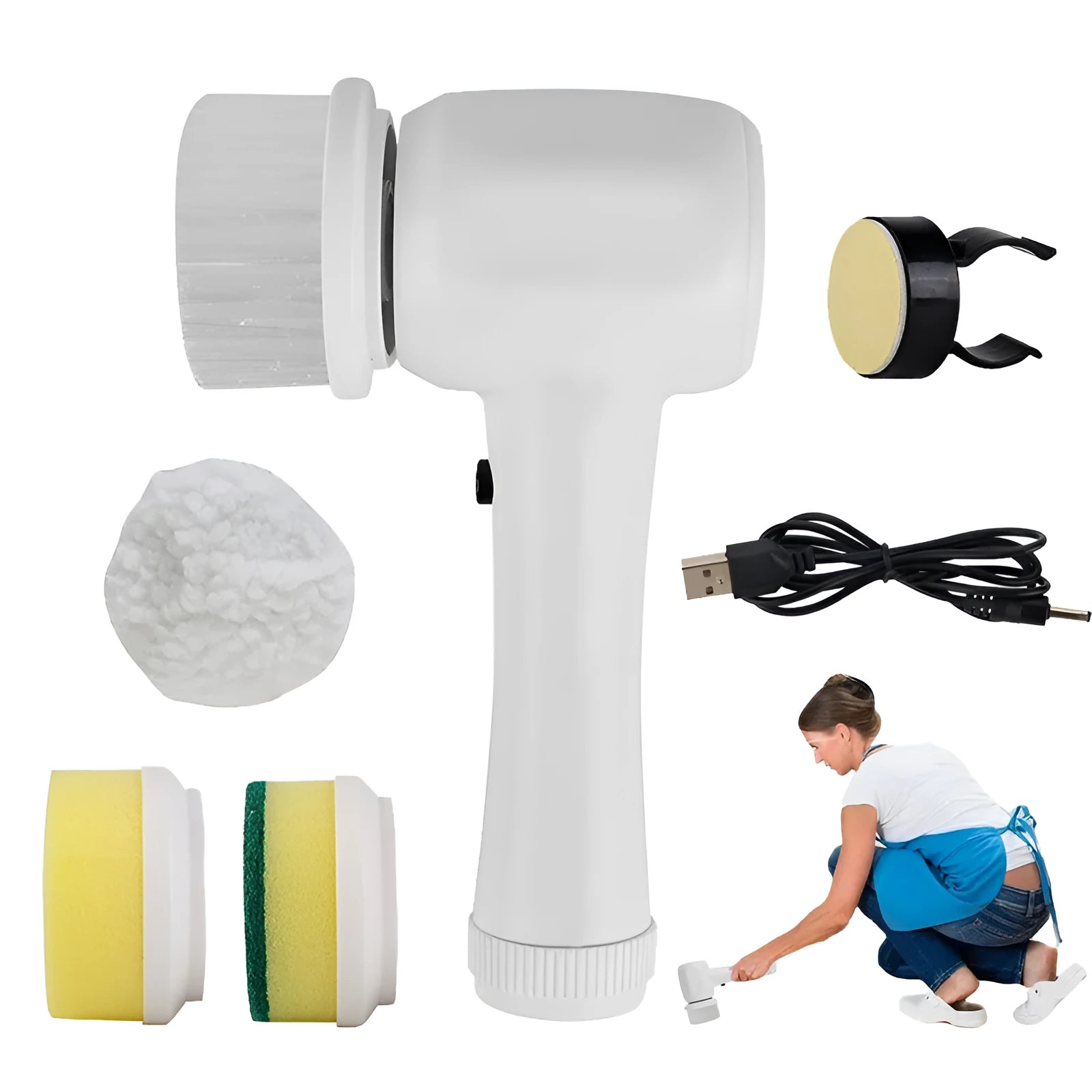 Cordless electric cleaning brush with rotating scrubber head and multiple brush attachments