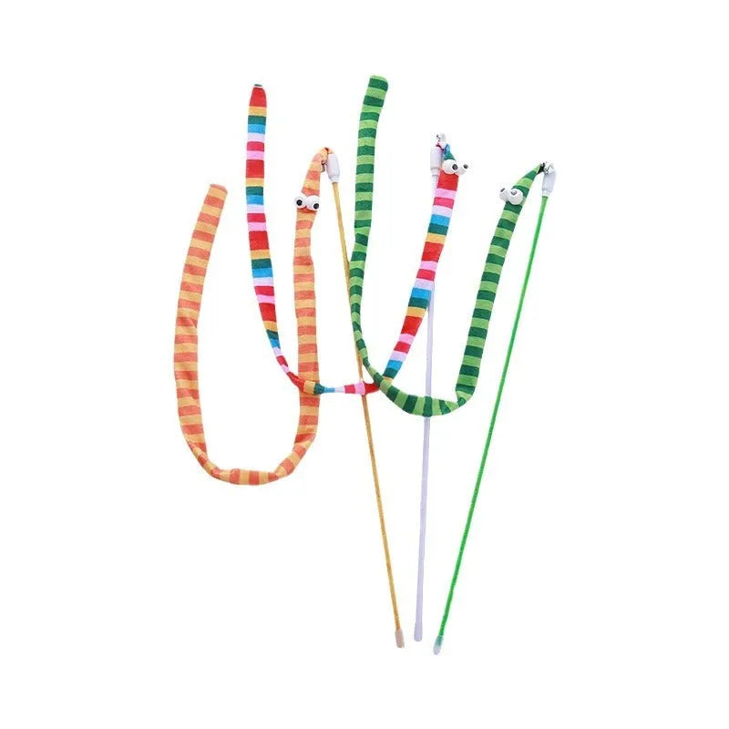 Cat wand teaser toy with colourful plush strip and bell on a polycarbonate pole.