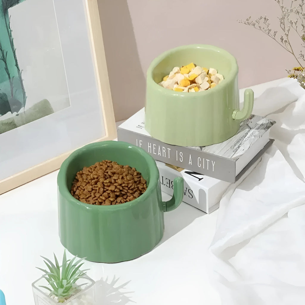 Dark green cat bowl with cactus design and anti-slip base on a wooden surface.