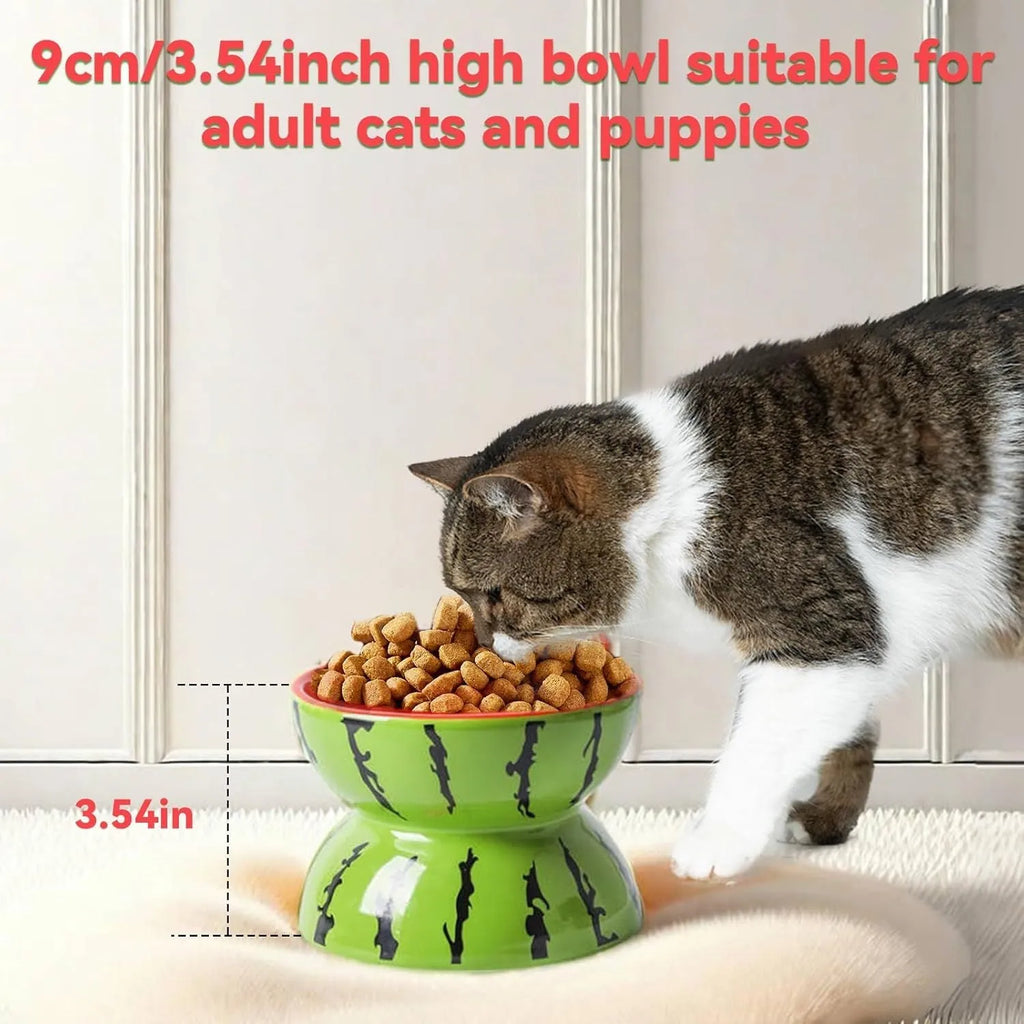 Ceramic raised cat bowl with tilted design in orange pattern, showing elevated feeding station for pets