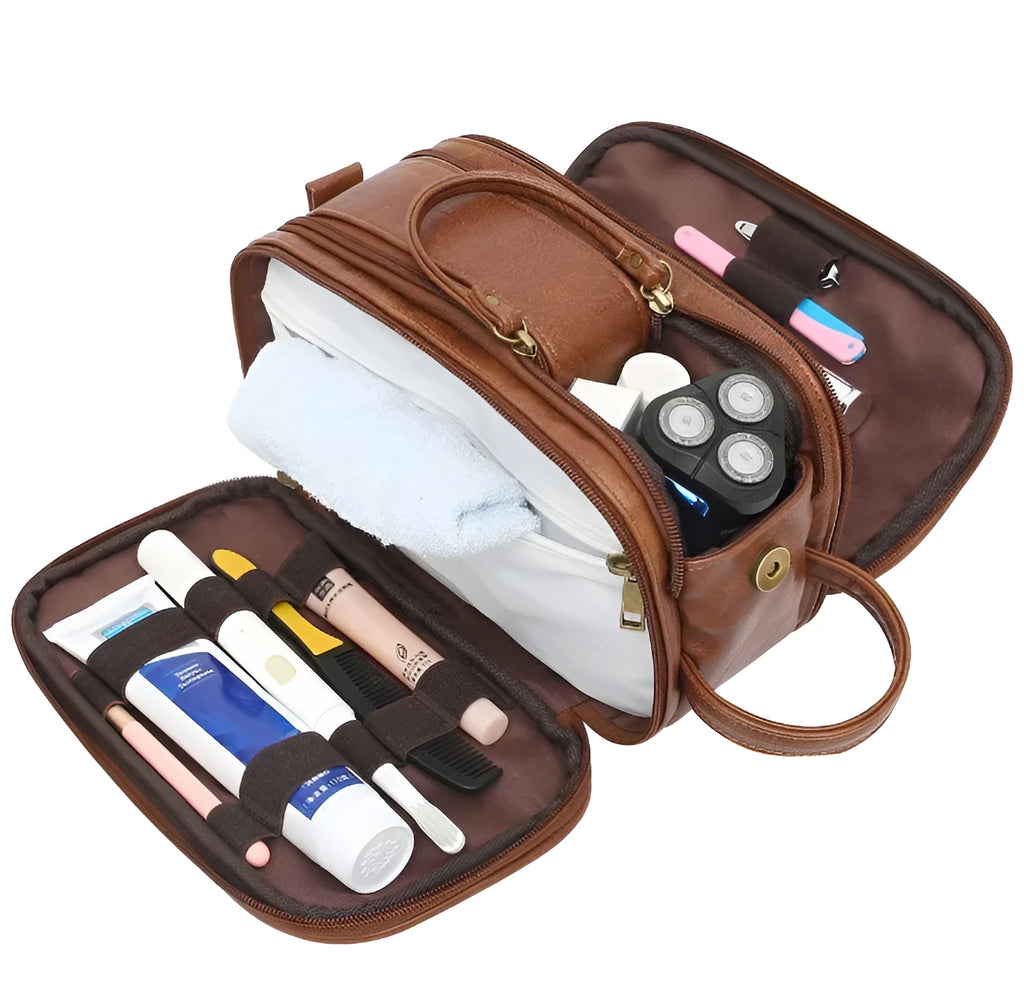 Men's black or brown PU toiletry travel bag for grooming essentials