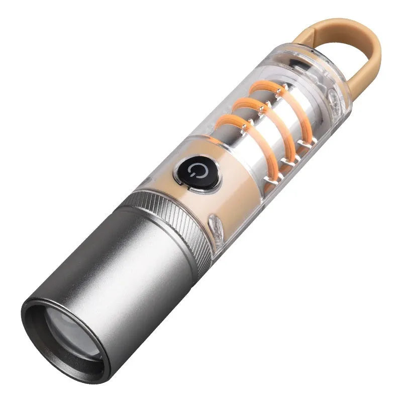 Orange and beige multifunctional flashlight with dual LED heads, optical zoom lens, and a metal hanging hook.