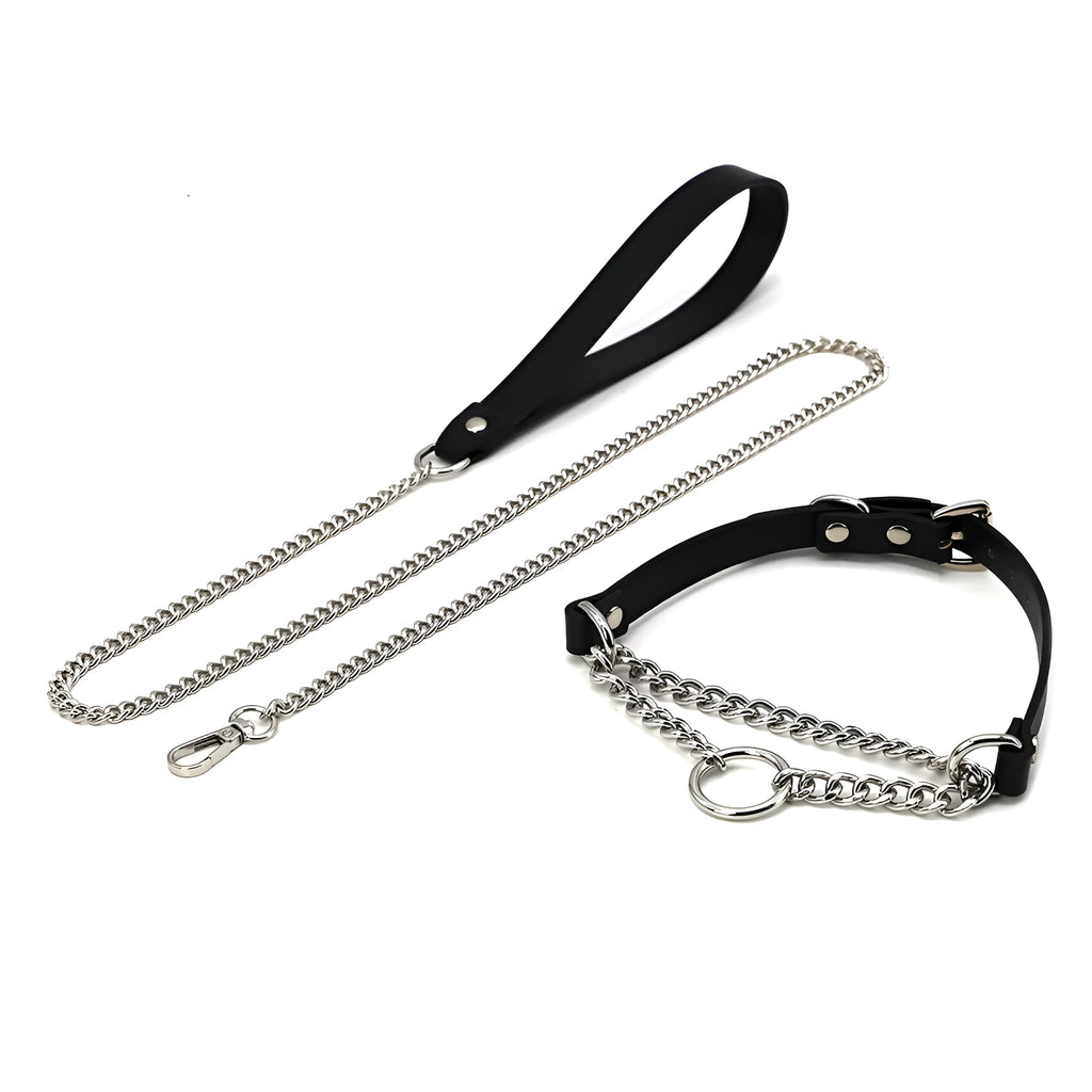 Black cowhide leather punk-style collar with buckle and matching leash with a hand grip section.