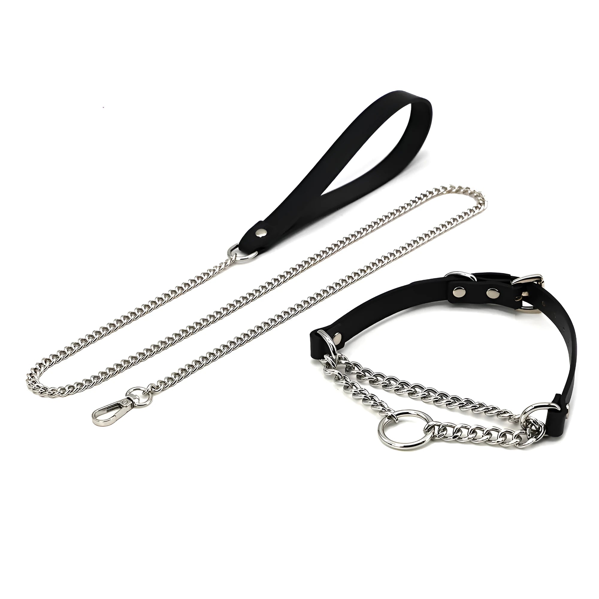 Black cowhide leather punk-style collar with buckle and matching leash with a hand grip section.