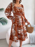 Square collar long sleeve A-line midi dress with ruffles, waist trimming, stretch polyester fabric, brown colour, front view