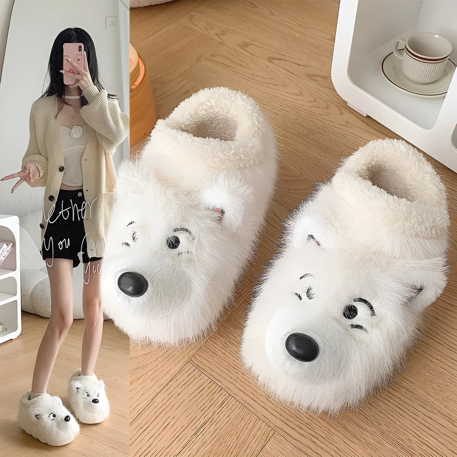 Grey ankle wrap slippers with a plush upper and a non-slip rubber sole, shown on a wooden floor.