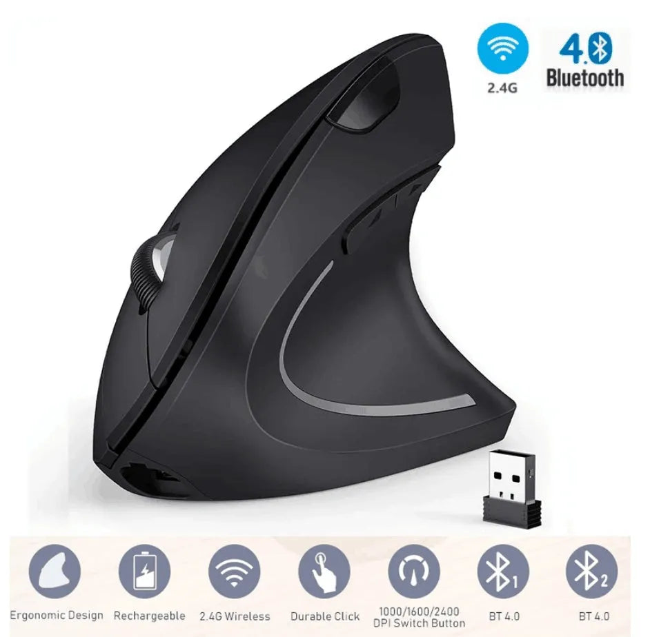 Black vertical Bluetooth mouse with RGB lighting showing ergonomic hand position