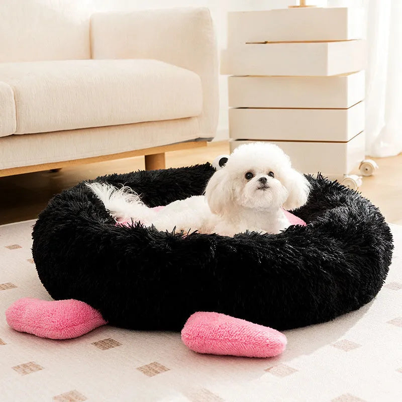 Elf Briquettes pattern plush pet bed with raised sides in blue, pink, or yellow