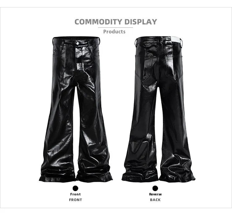 Black coated patent leather skinny jeans with straight leg cut and mid waist design