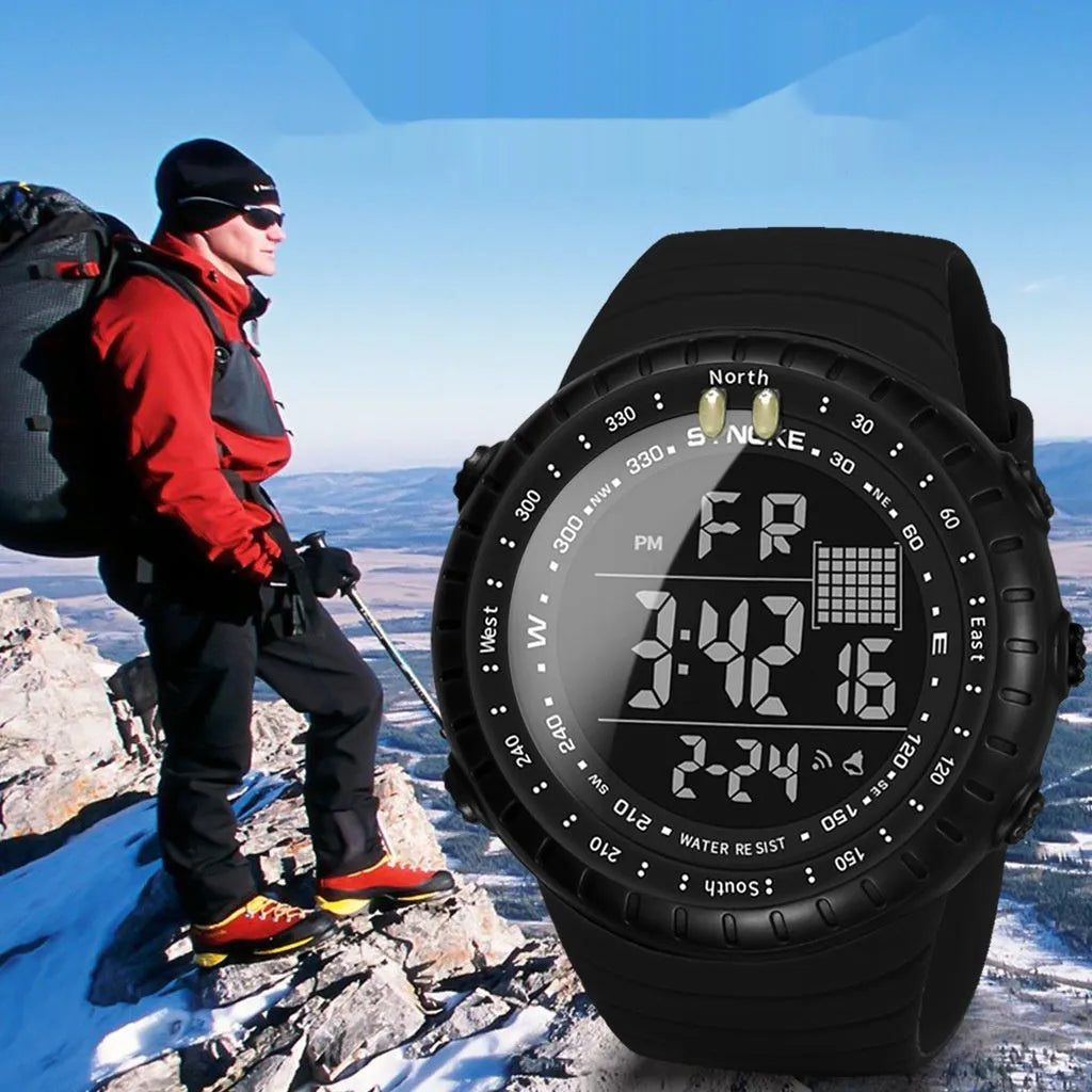 Black digital outdoor watch with large dial and PU strap on a wrist.