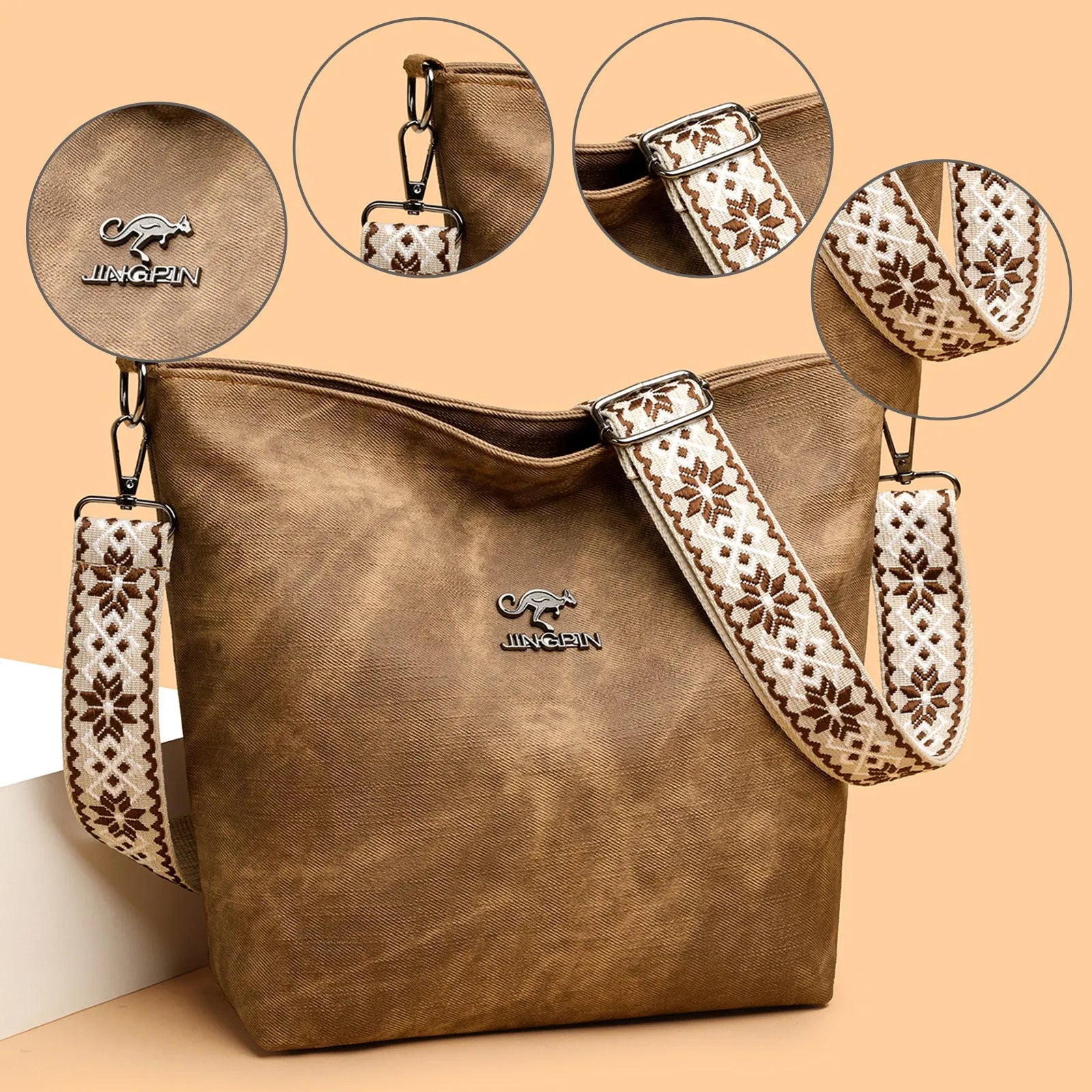 Soft grey PU crossbody bag with a large main compartment and adjustable shoulder strap