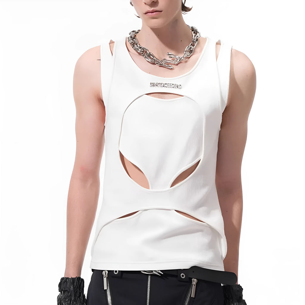 Men's black sleeveless loose-fit waistcoat with hollow thread detail.