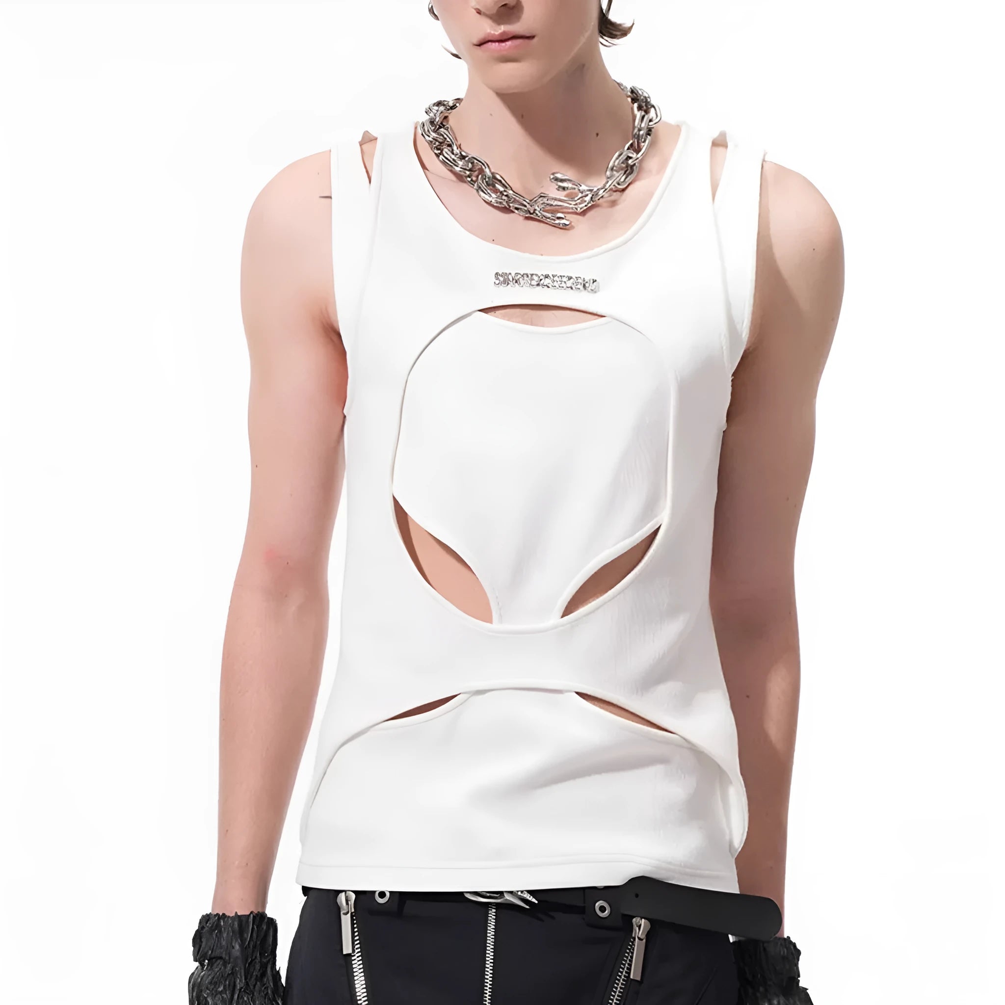 Men's black sleeveless loose-fit waistcoat with hollow thread detail.