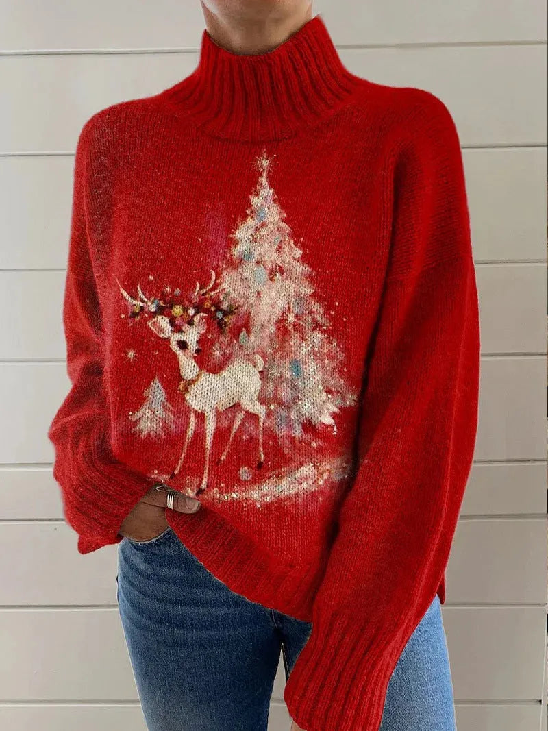 Women's loose fit Christmas printed turtleneck sweater in a macaron colour with a painting pattern design.