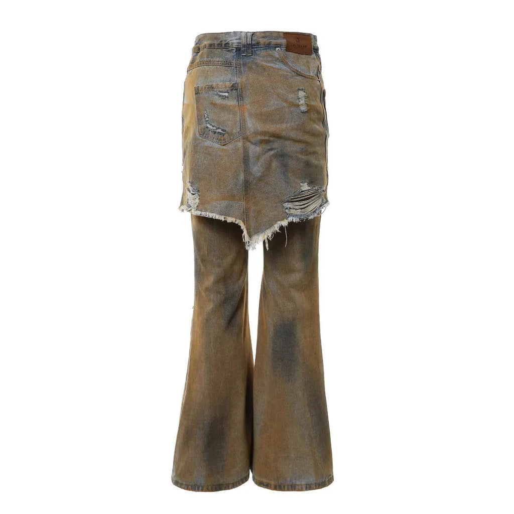 Women's loose-fit light blue bootcut denim jeans with a high waist and button fly.