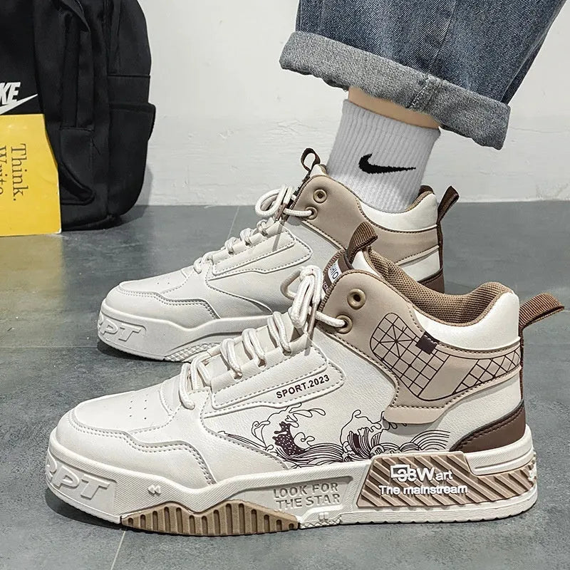 Men's beige high-top board sneakers with lace-up front and rubber sole.