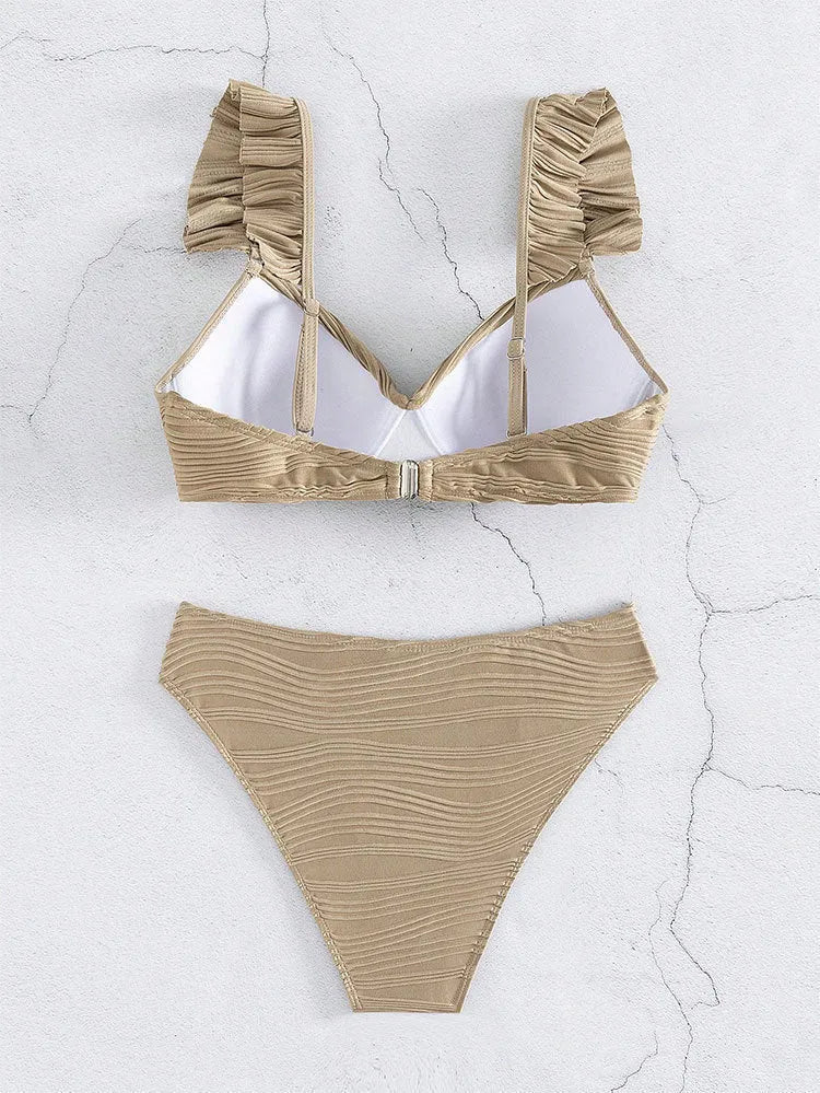 Women's solid colour polyester bikini swimsuit set in black or khaki with Asian sizing