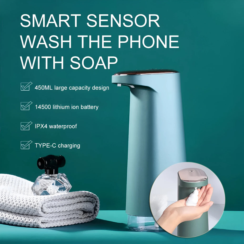 Automatic foam soap dispenser with infrared sensor in white colour on bathroom counter