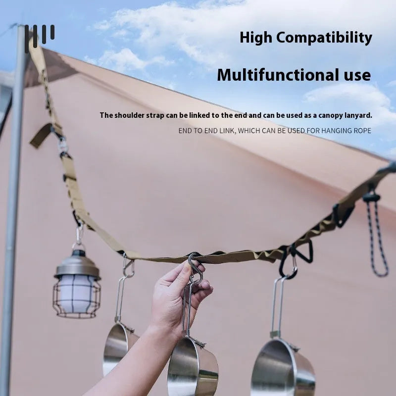 Black multifunctional hanging rope storage belt extended to show its 130 cm length