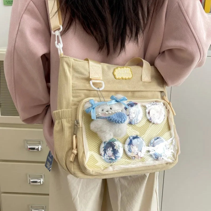 Large capacity transparent crossbody bag in beige with nylon build and single shoulder strap