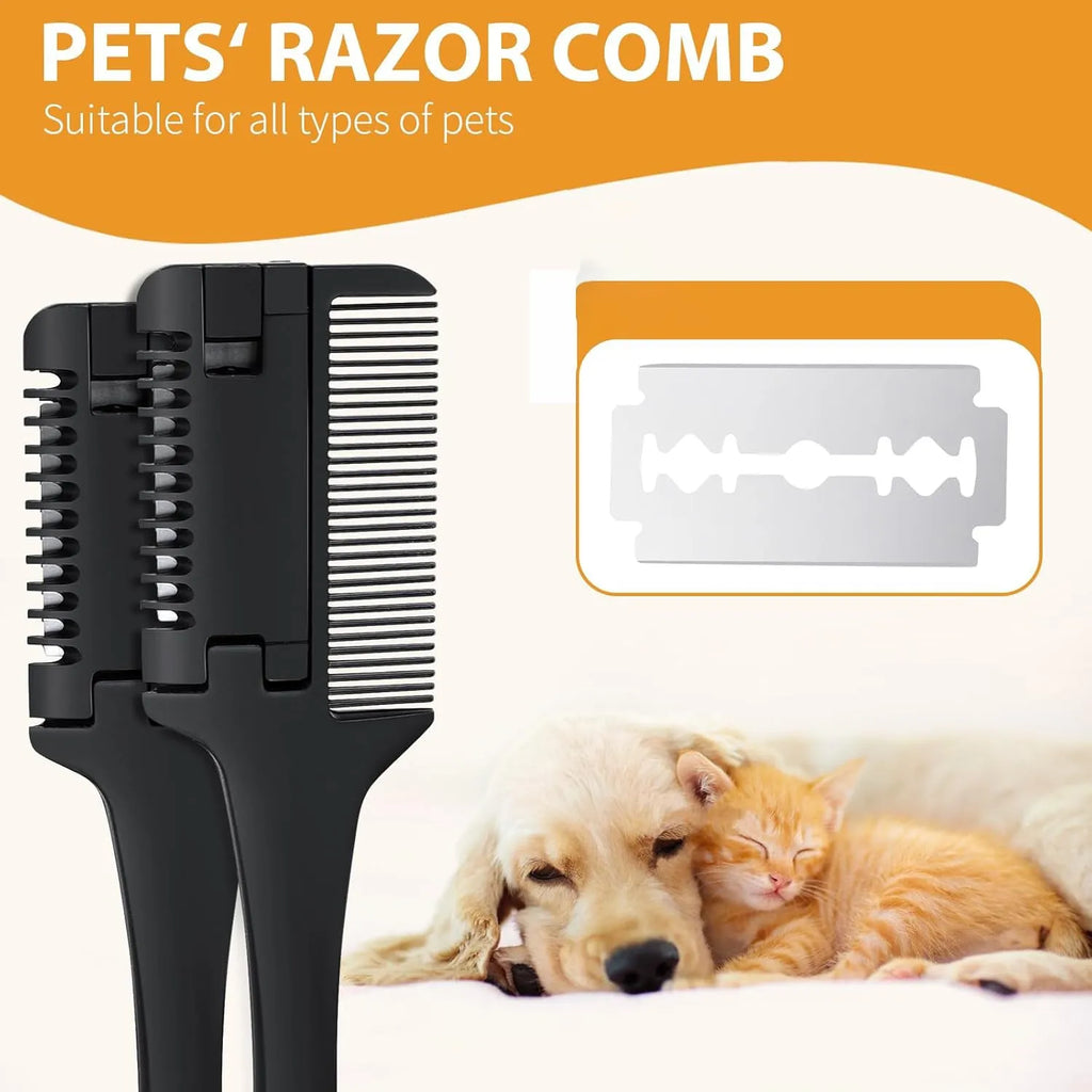 Dog grooming razor comb with detangling teeth and replaceable blades on a white background