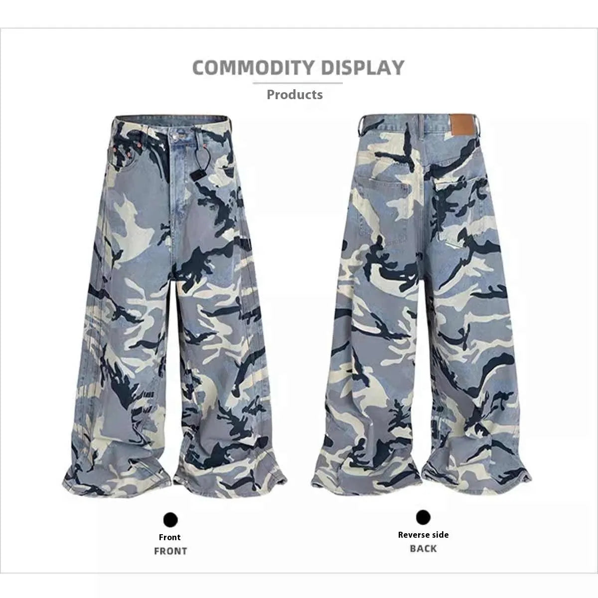 Snow camouflage blue loose-fit jeans with micro-elastic denim fabric