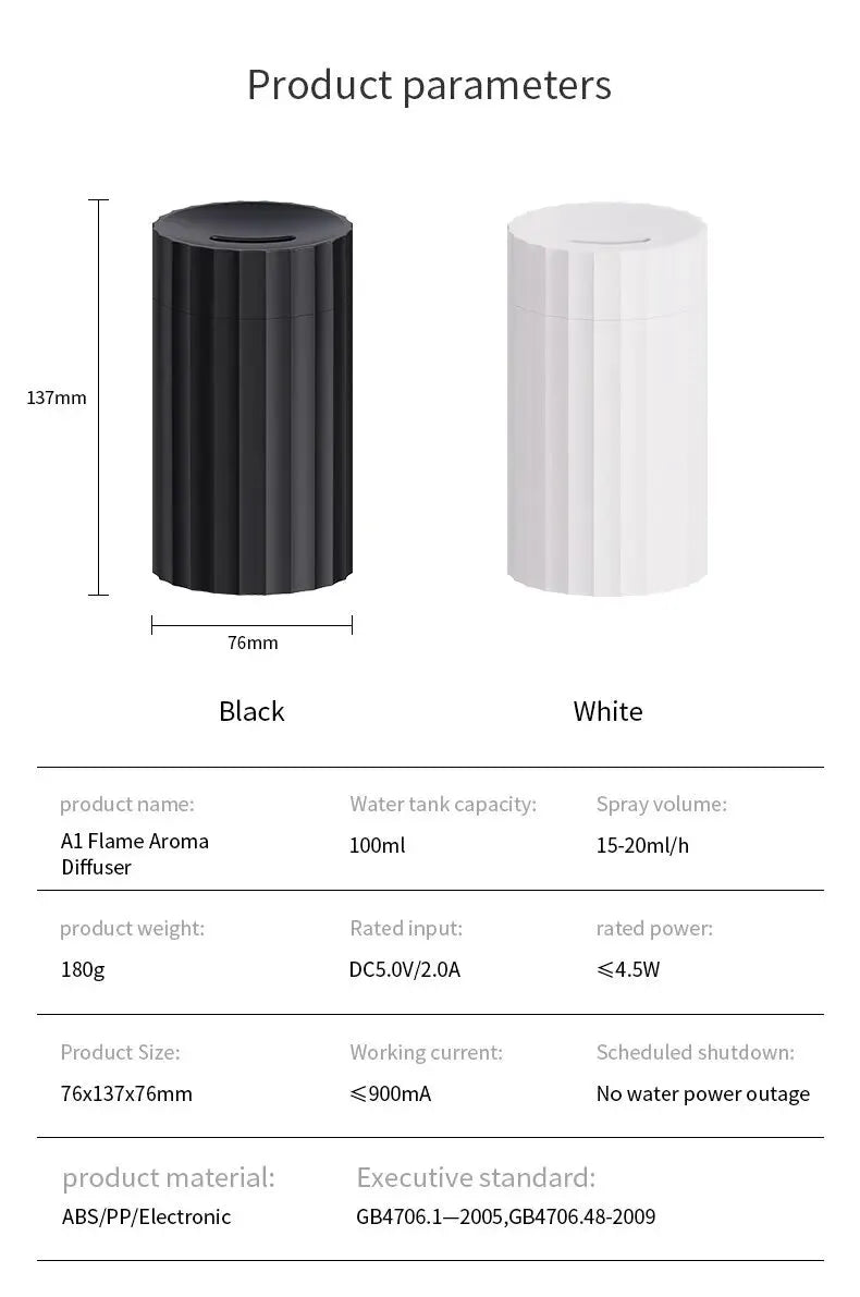 Black and white essential oil diffuser and humidifier with a simulated LED flame effect on a table.