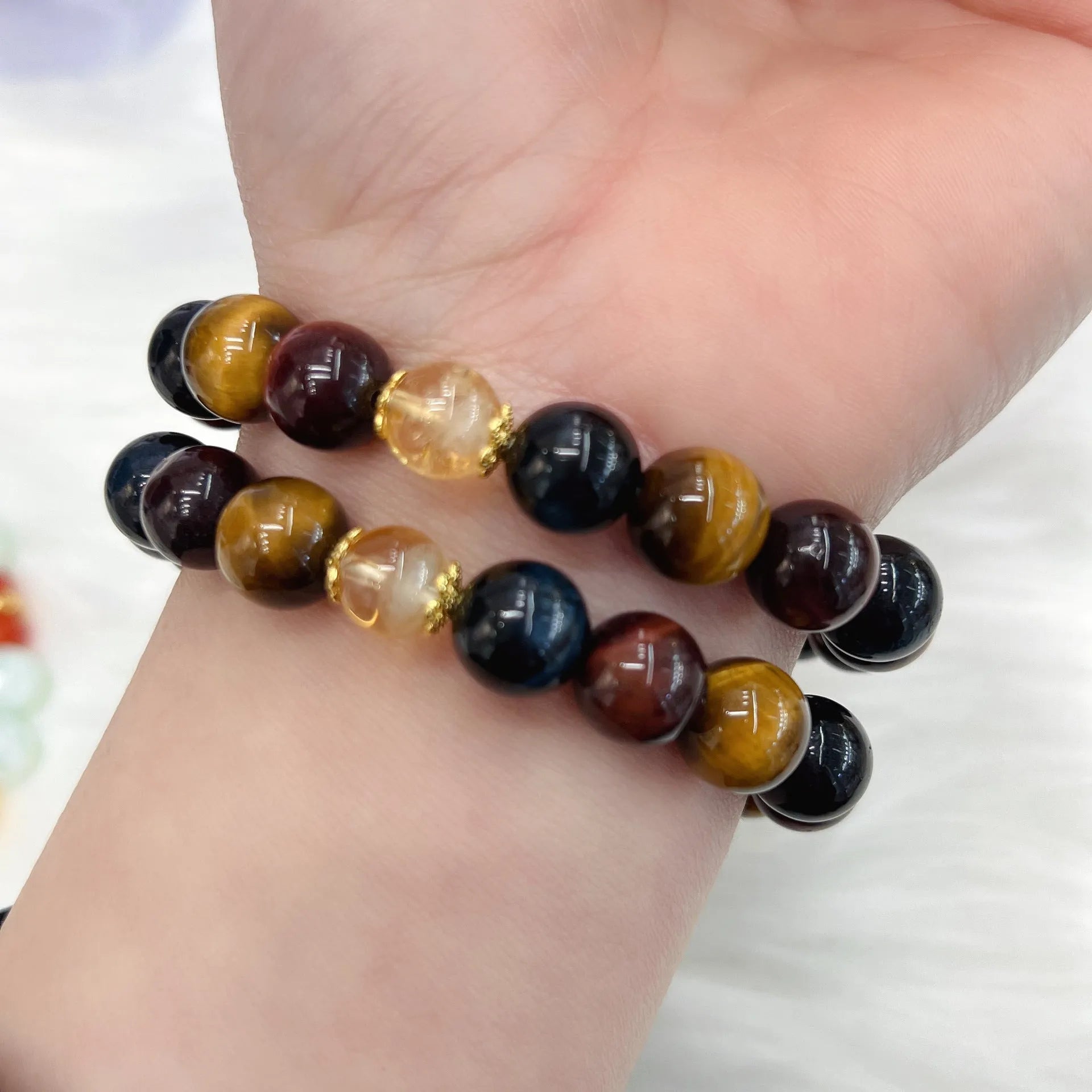 Natural tiger eye stone bracelet with loose round beads in Maillard style, 18cm length