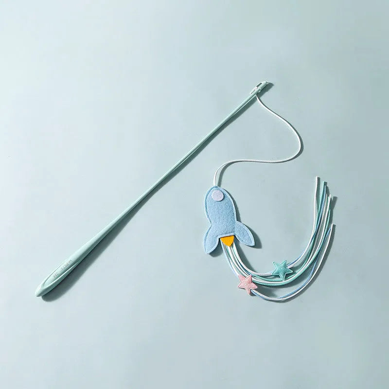 Blue rocket cat teaser toy with feathers on long pole for interactive play with kittens and cats