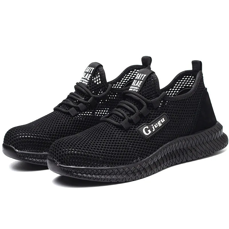 Men's black steel toe work shoes with breathable flyknit upper and low top design