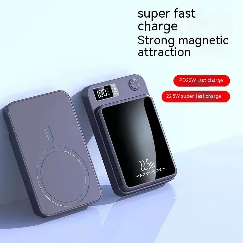Wireless power bank with MagSafe charging in black, white, purple or green colour with industrial style plastic shell