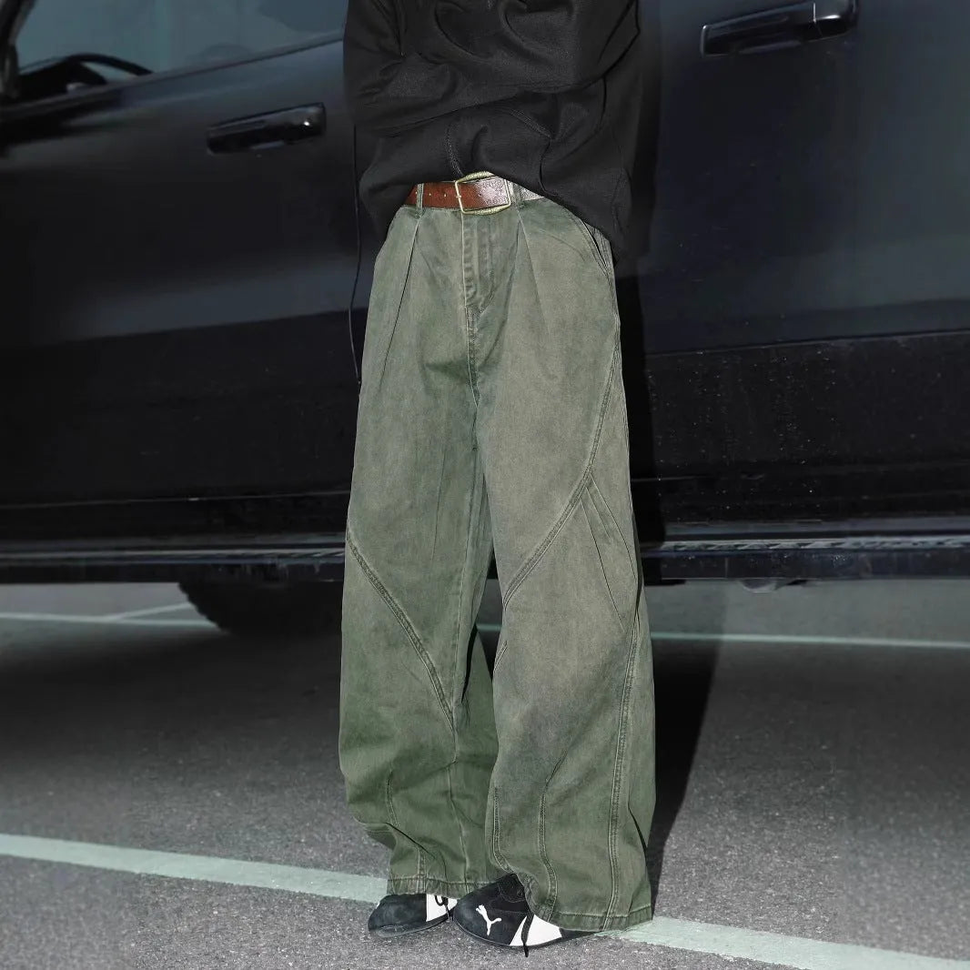 Men's straight-leg pleated trousers in black, brown, and apricot colours with mid-waist design