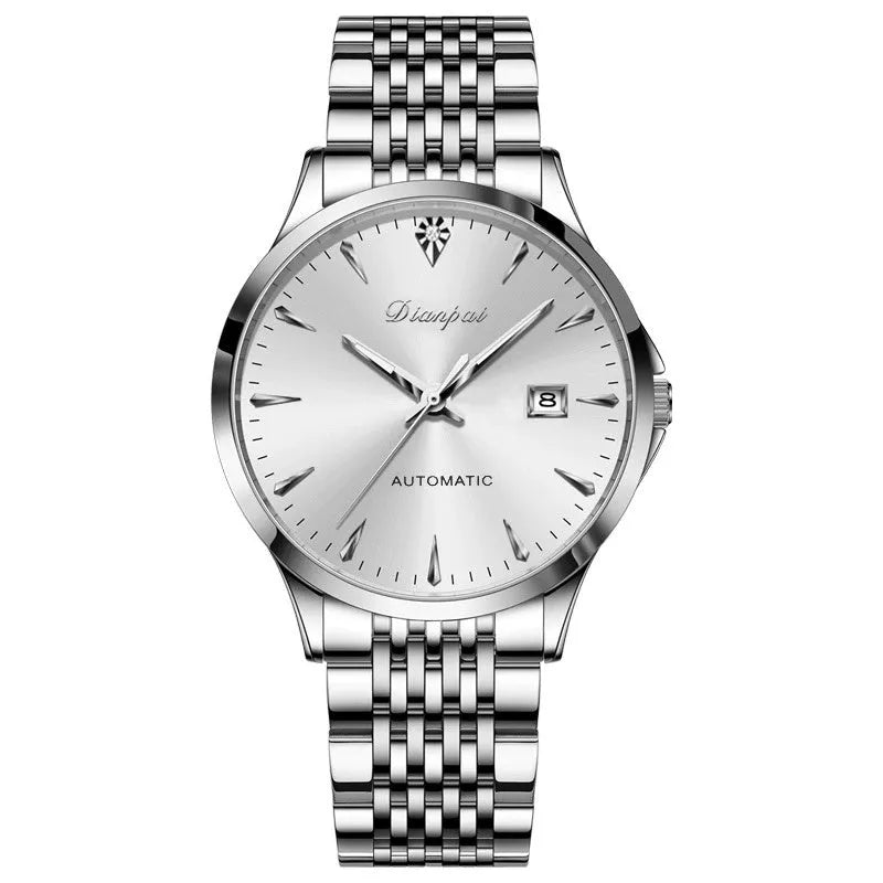 Men's simple dial automatic watch with stainless steel strap in gold-black, gold-blue, gold-white, or white.