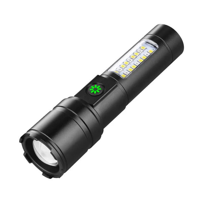 Black aluminum alloy USB rechargeable flashlight with optical zoom on table
