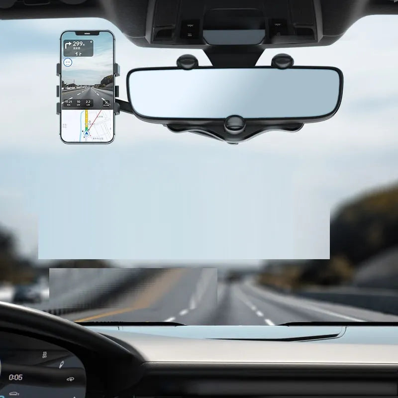 Rotating vehicle navigation bracket mounted on car rearview mirror showing left and right adjustment mechanism