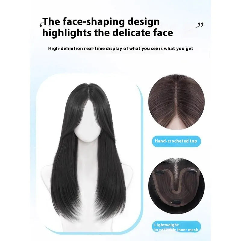 Brown black full-head synthetic wig with Chinese character bangs style for women.