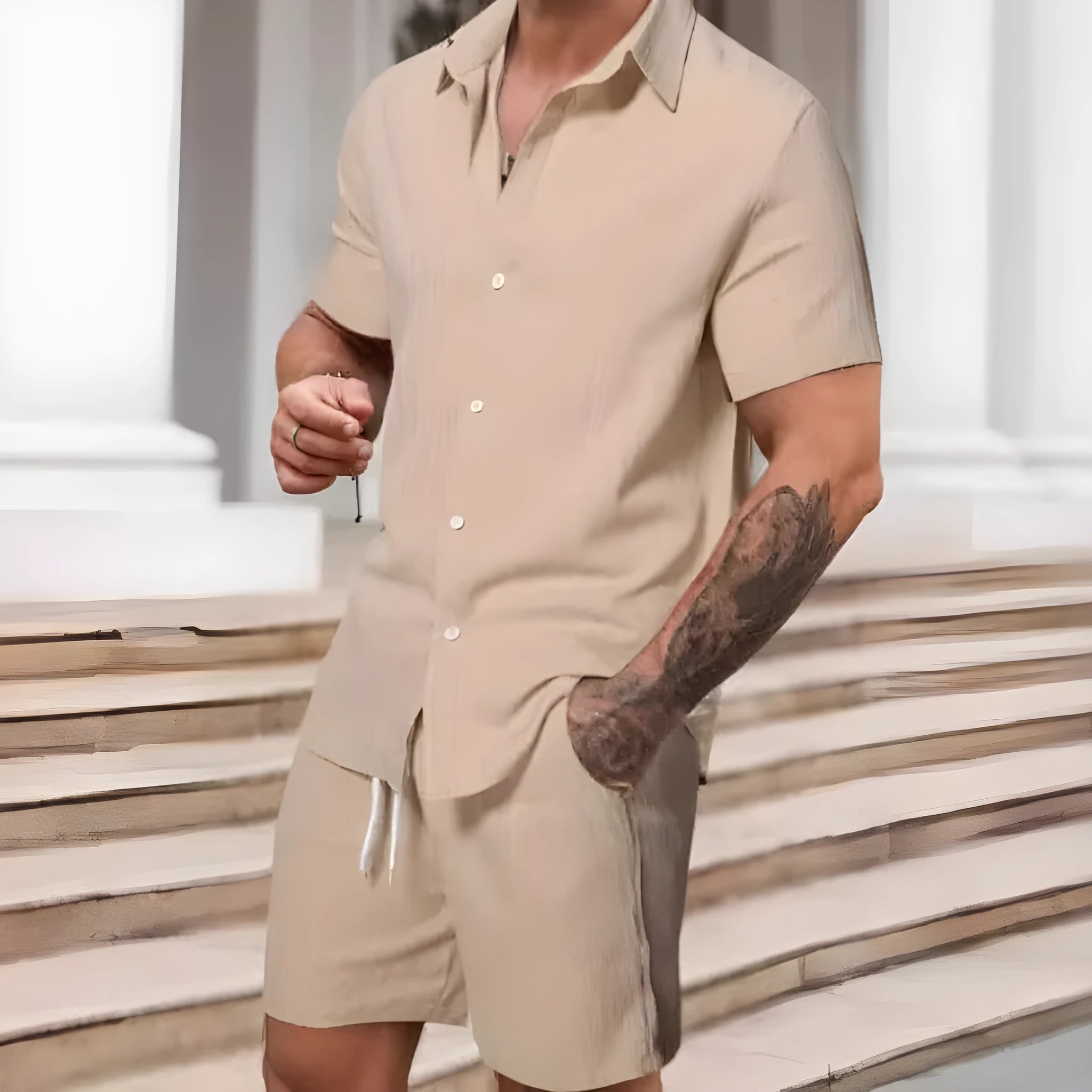 Men's striped casual suit set with short sleeve shirt and matching shorts in colour YT50313P1